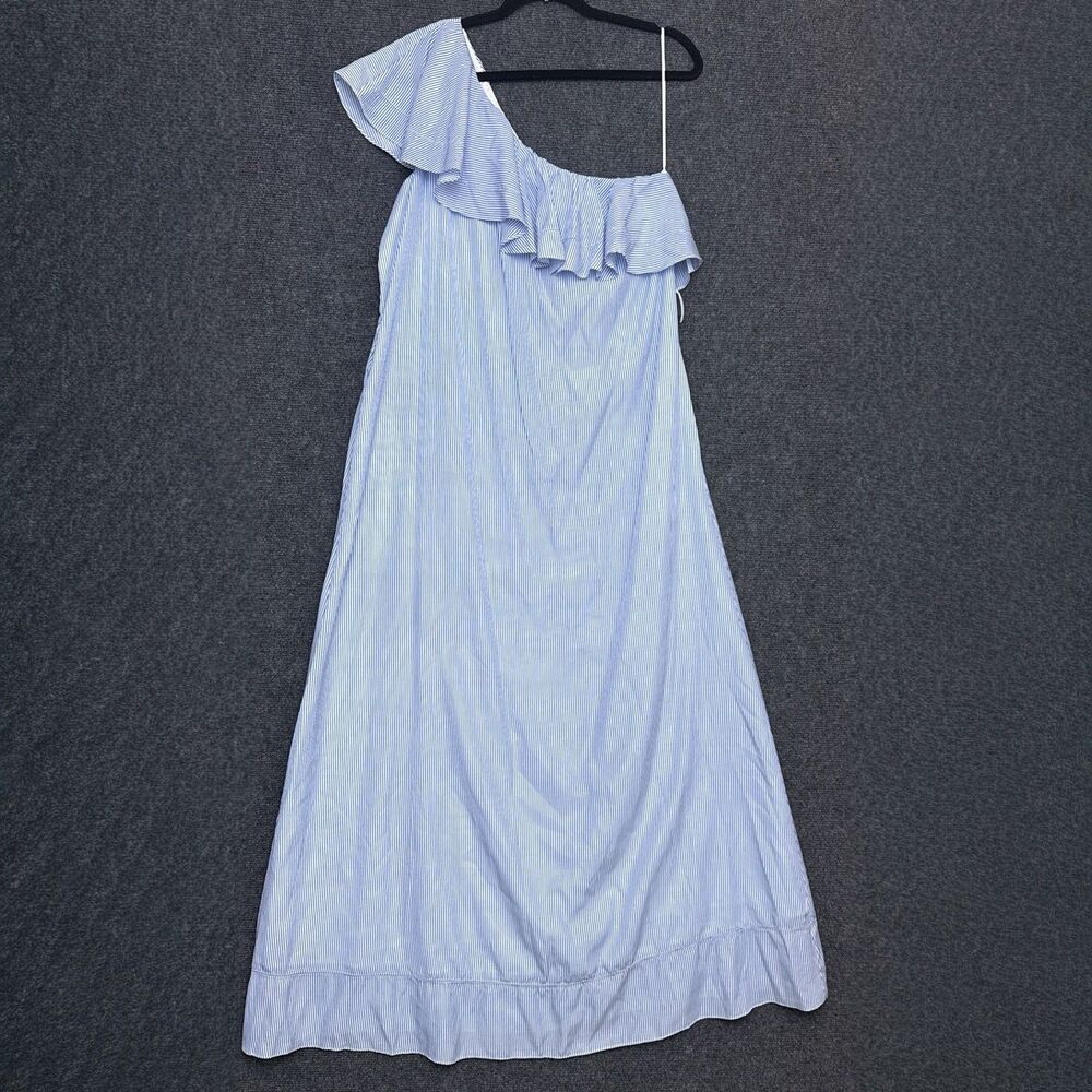 Banana Republic Dress Maxi One Shoulder Blue Wht Stripe Ruffle Coastal Preppy L